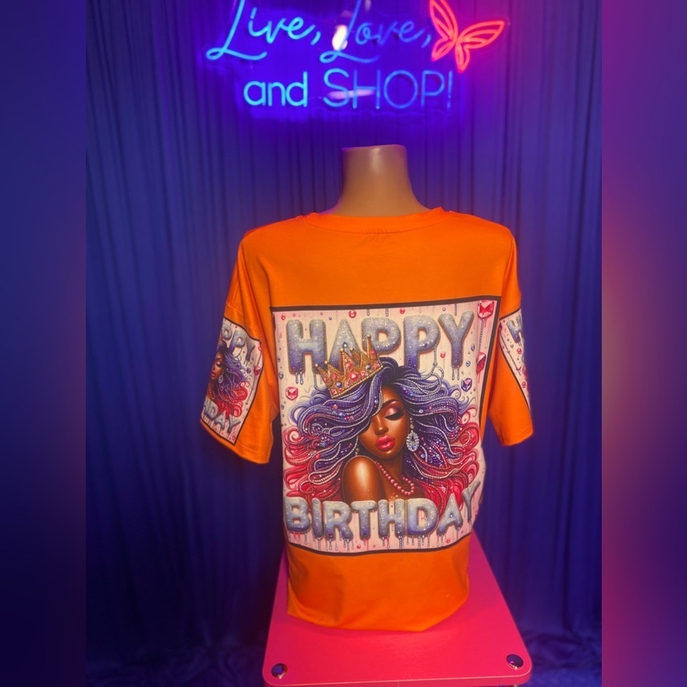 SHIRT: Orange Diva "Happy Birthday" Tee w/Vibrant Pearls & Rhinestones, NWT - Picture 8 of 17